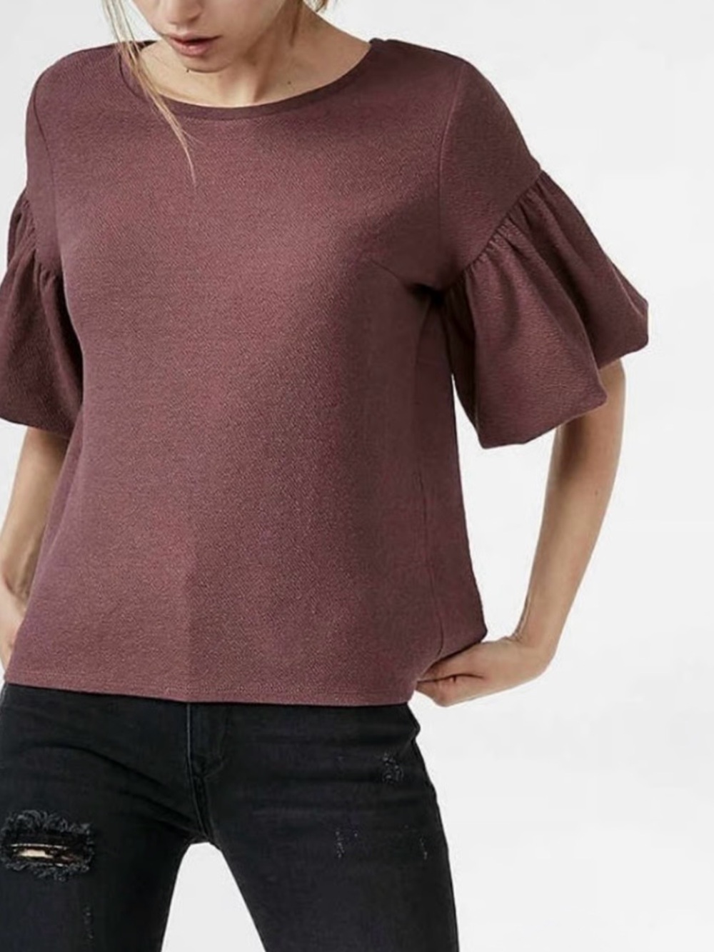 Bundle of 3 Express Textured Cropped Short Bell Sleeve Top - Mauve, Black, White